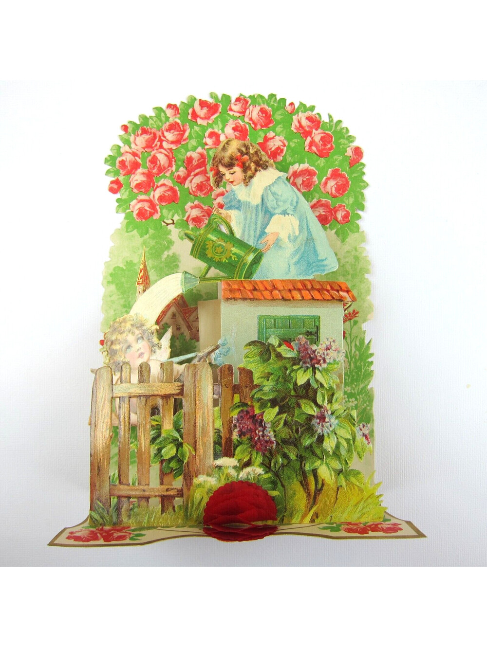 Antique Valentine Honeycomb 3D Pop Up Girl Blue Dress Cupid Roses LARGE UNSIGNED